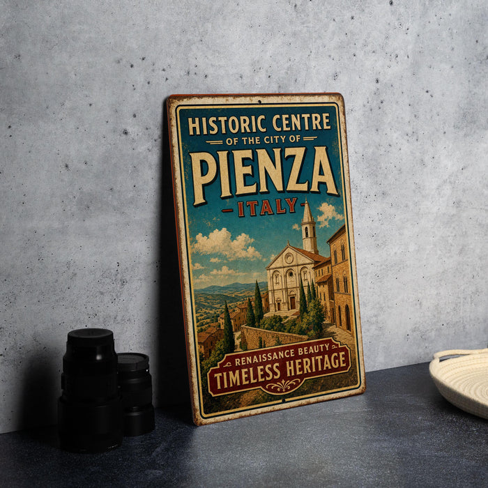 A vintage-style sign for the Historic Centre of Pienza, Italy, featuring an illustration of a historic building and landscape.
