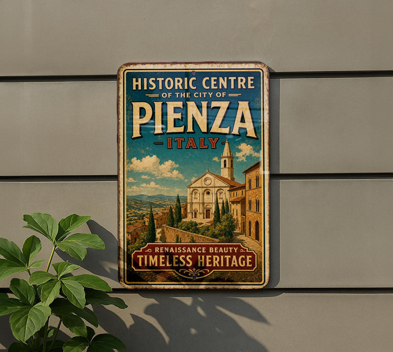 A vintage-style sign for the Historic Centre of the City of Pienza, Italy, featuring an illustration of a historic building and landscape.