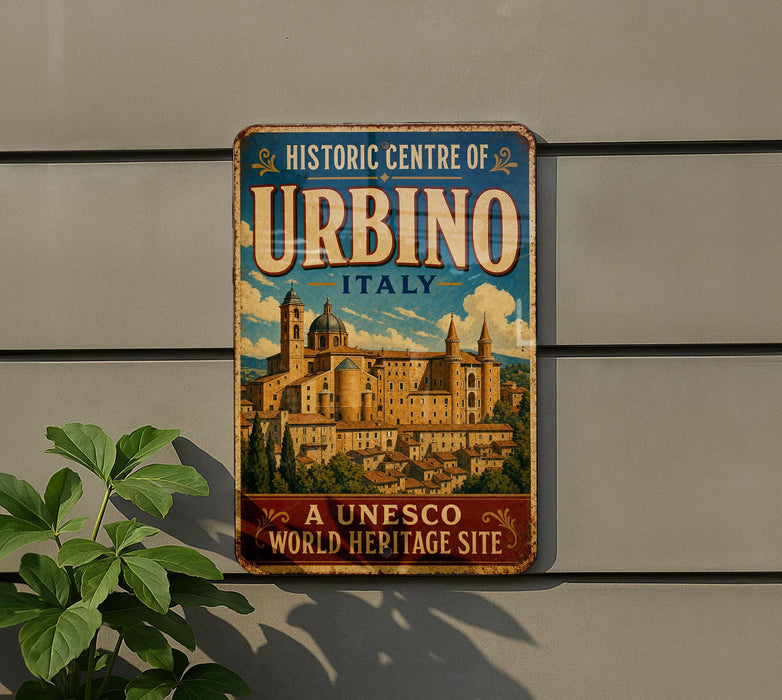 A vintage-style metal sign for the Historic Centre of Urbino, Italy, featuring an illustration of the historic city of Urbino.