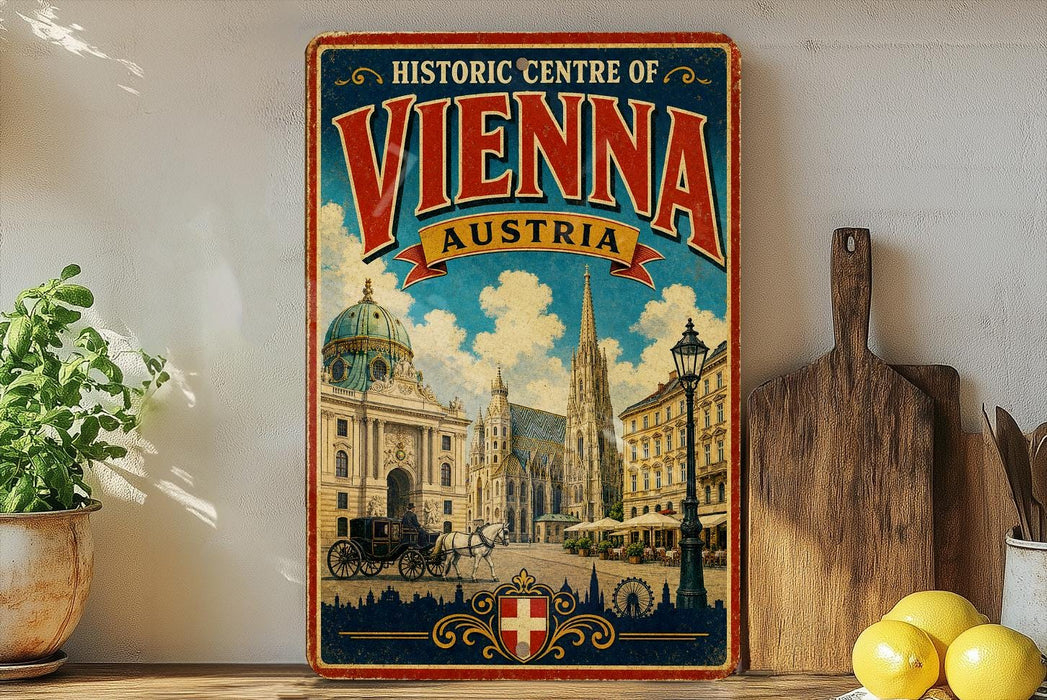 a vintage-style poster of Vienna, Austria, with a cityscape and a horse-drawn carriage, displayed on a wall next to a wooden cutting board and some lemons.