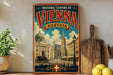 a vintage-style poster of Vienna, Austria, with a cityscape and a horse-drawn carriage, displayed on a wall next to a wooden cutting board and some lemons.
