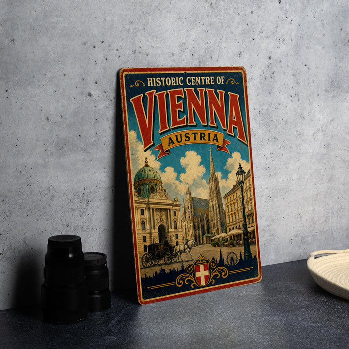 A vintage-style poster of Vienna, Austria, featuring the city's iconic landmarks and architecture, is displayed on a wall next to some black camera lenses.