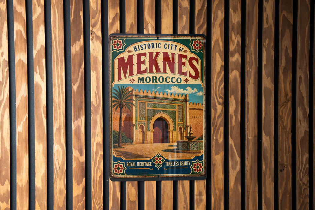 A vintage-style metal sign for the historic city of Meknes, Morocco, featuring an illustration of a palace or palace-like structure.
