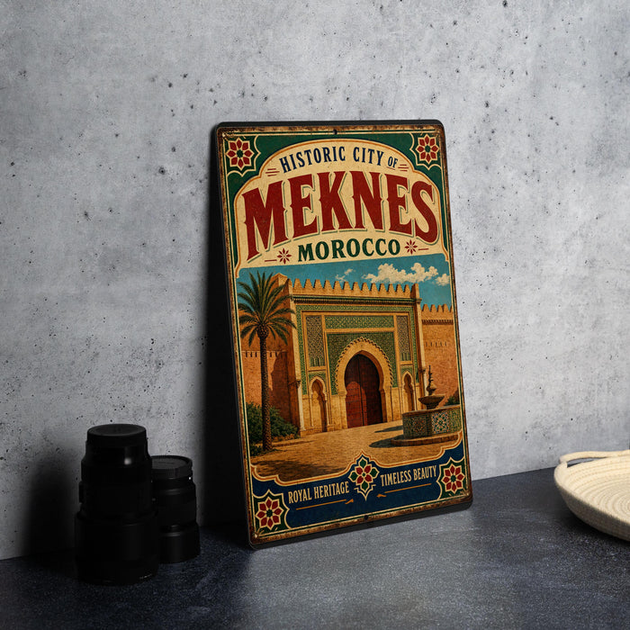 A vintage-style metal sign for the historic city of Meknes, Morocco, featuring an illustration of a palace and palm trees.