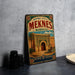 A vintage-style metal sign for the historic city of Meknes, Morocco, featuring an illustration of a palace and palm trees.