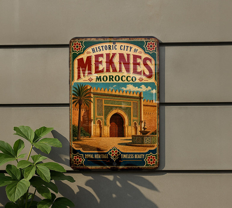 a vintage-style metal sign with the text "Historic City of Meknes Morocco" and an illustration of a building with a fountain.