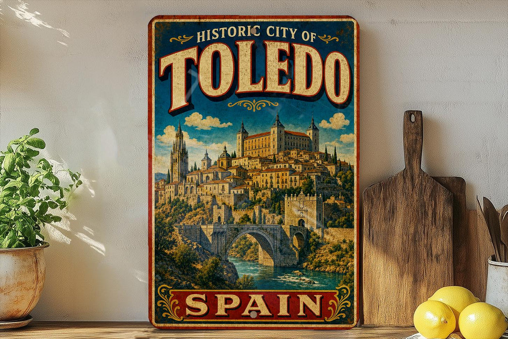 A vintage-style poster of the historic city of Toledo, Spain, featuring a castle and a bridge, is displayed on a wall next to a wooden cutting board and some lemons.
