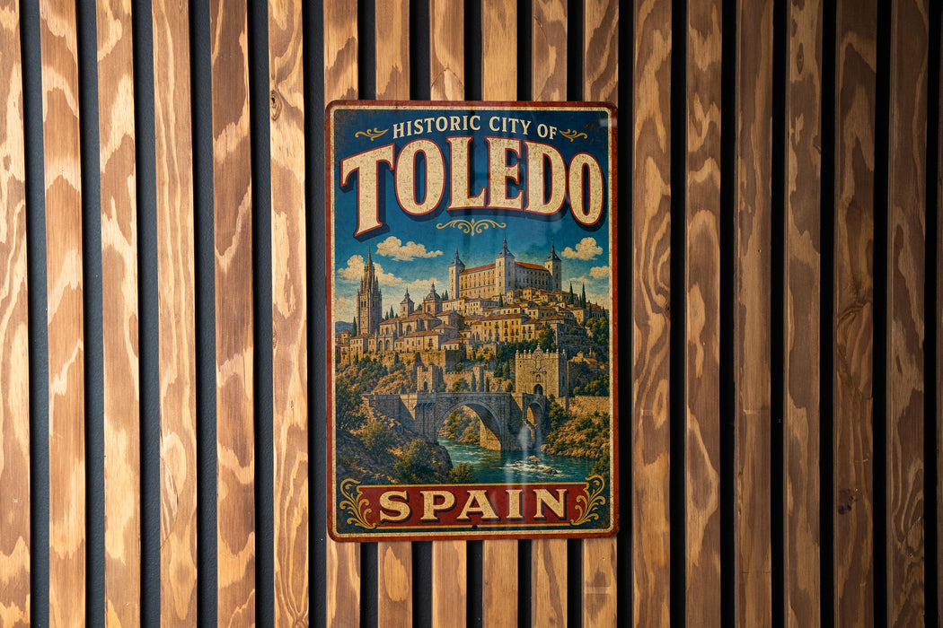 A vintage-style metal sign that reads "Historic City of Toledo" and "Spain" is displayed on a wooden wall.