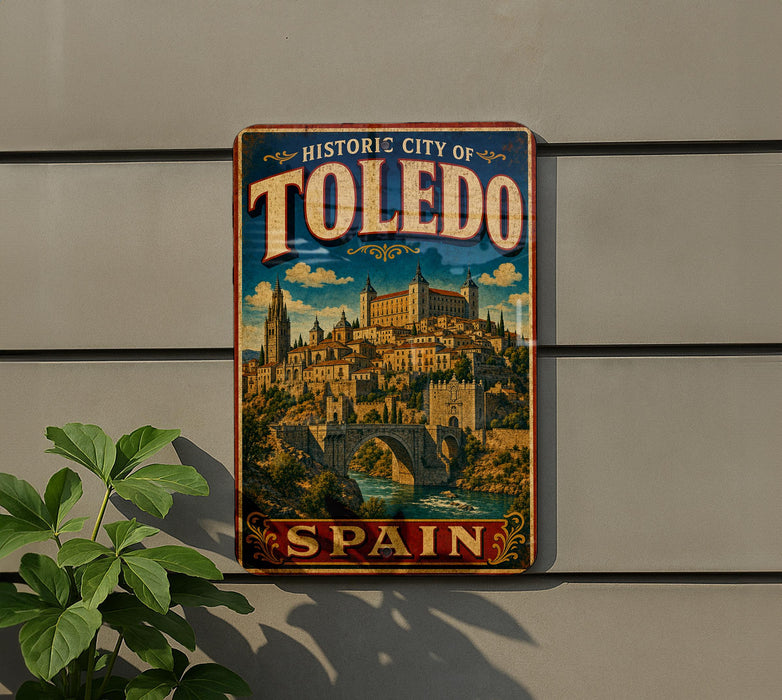 A vintage-style metal sign that reads "Historic City of Toledo" and "Spain" is displayed on a wall, with a plant to the left.