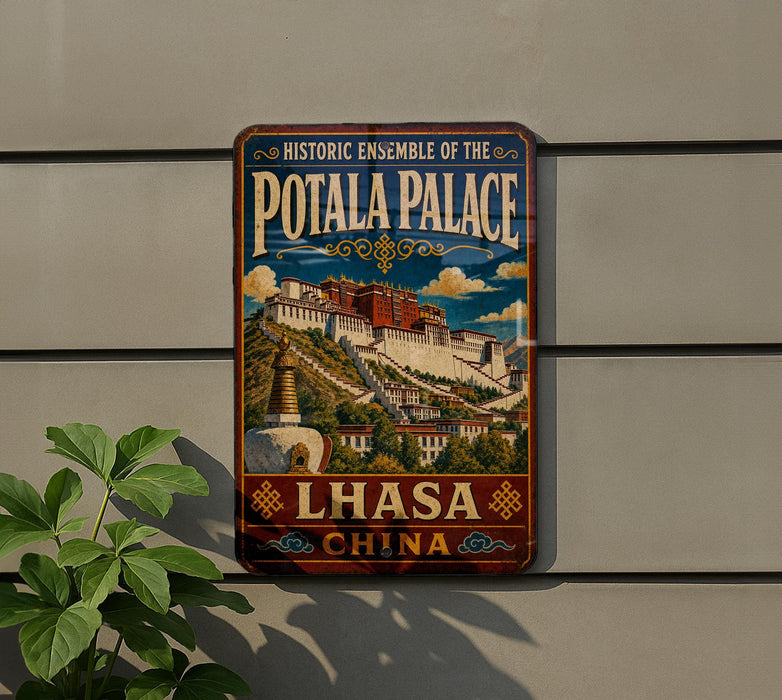 A vintage-style metal sign with the text "HISTORIC ESSEMBLE OF THE POTALA PALACE LHASA CHINA" and an illustration of the Potala Palace in Bhutan.