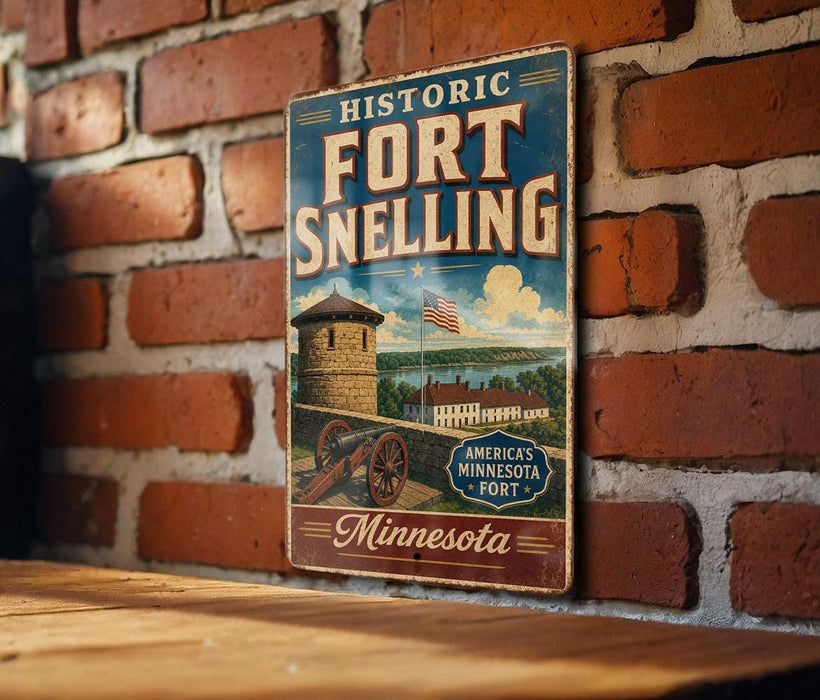 A vintage-style metal sign with the text "HISTORIC FORT SNELLING" and "MINNESOTA" printed on it, mounted on a brick wall.