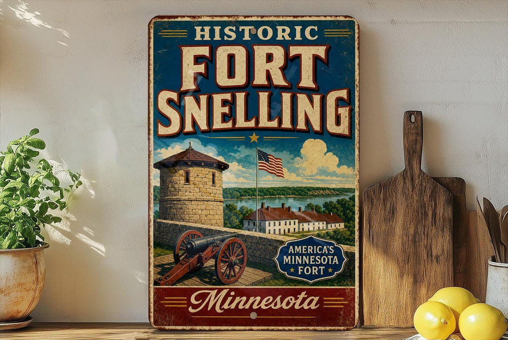 A vintage-style sign for the historic Fort Snelling in Minnesota, featuring a cannon, a building, and an American flag.