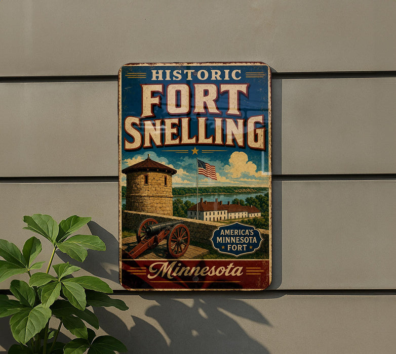 A vintage-style sign for the historic Fort Snelling in Minnesota, featuring a castle, cannon, and American flag.