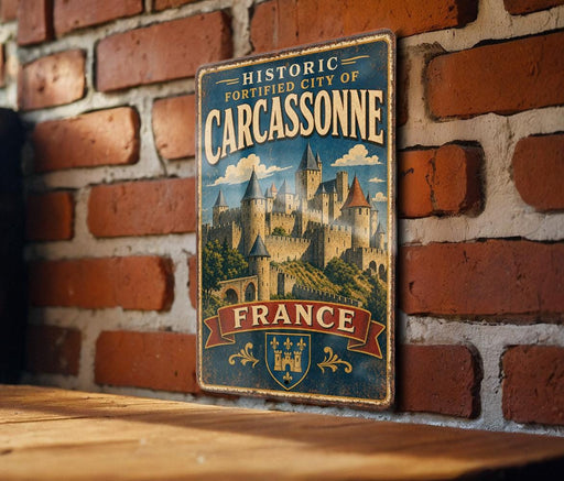 A vintage metal sign with the text "Historic Fortifications" and "Carcassonne" is displayed on a brick wall.
