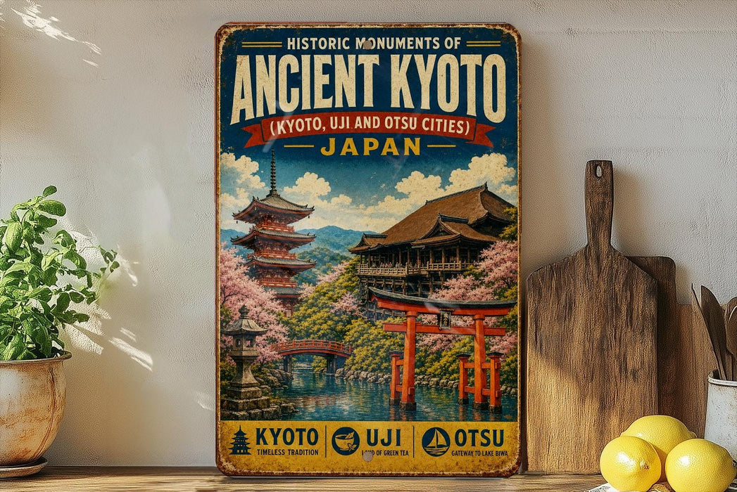 a vintage-style metal sign with a colorful illustration of a Japanese temple surrounded by cherry blossoms, placed on a wooden shelf next to a potted plant and a wooden cutting board.