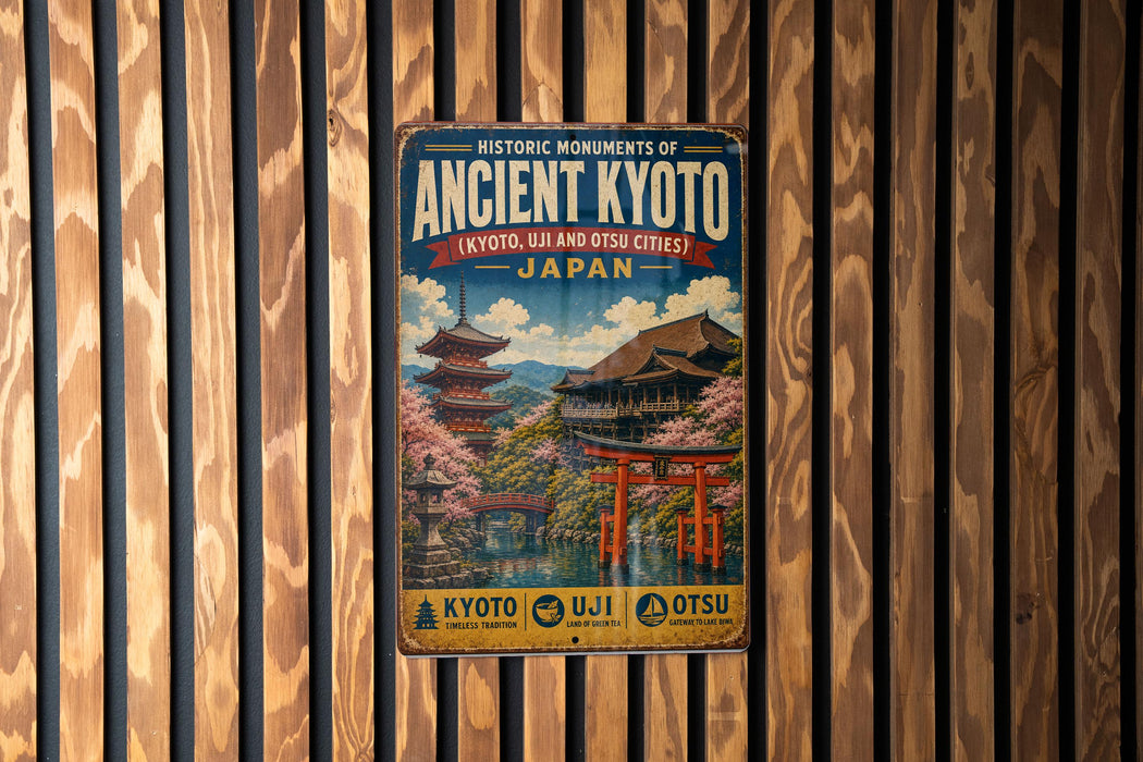 A vintage-style metal sign with the title "HISTORIC MONUMENTS OF ANCIENT KYOTO (KYOTO, UJI AND OTSU CITIES)" is displayed on a wooden wall.