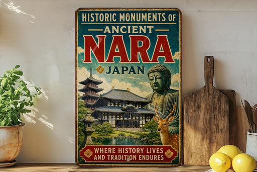 A vintage-style sign advertising the "Historic Monuments of Ancient Nara Japan" is displayed on a shelf, with a potted plant and wooden cutting board visible in the background.