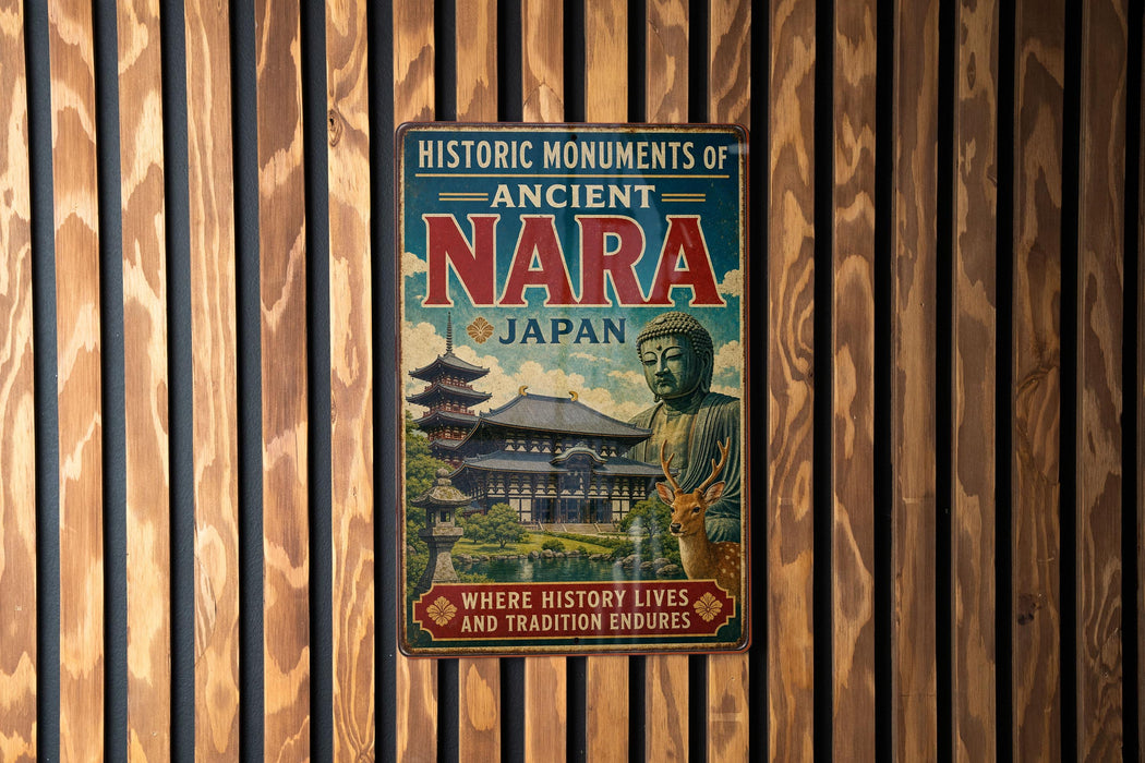 a vintage-style metal sign with the text "Historic monuments of Ancient Nara Japan" and an illustration of a temple and Buddha statue.
