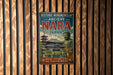 a vintage-style metal sign with the text "Historic monuments of Ancient Nara Japan" and an illustration of a temple and Buddha statue.