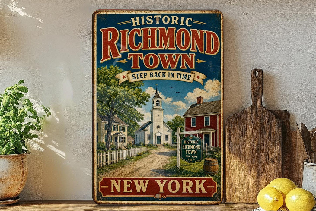 A vintage-style sign for Historic Richmond Town, featuring a scenic illustration of a small town with a church, houses, and a dirt road.