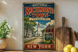 A vintage-style sign for Historic Richmond Town, featuring a scenic illustration of a small town with a church, houses, and a dirt road.