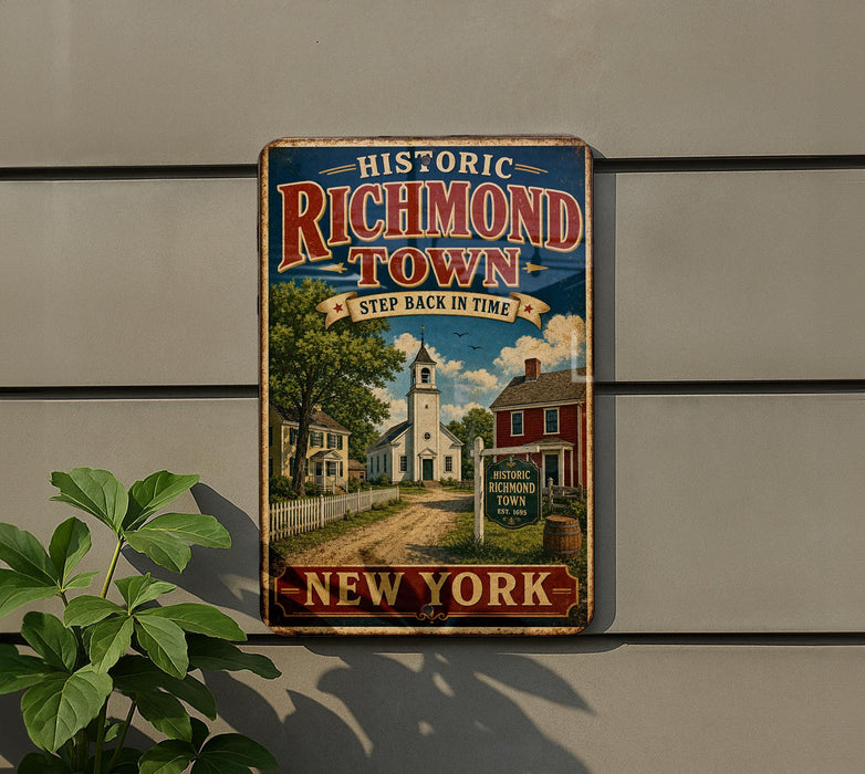 A vintage-style metal sign for Historic Richmond Town, featuring a scenic illustration of a small town with a church, houses, and a dirt road.