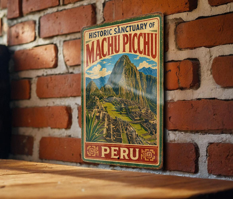 A vintage-style metal sign displaying the name "Historic Sanctuary of Machu Picchu" and the word "Peru" is hanging on a brick wall.