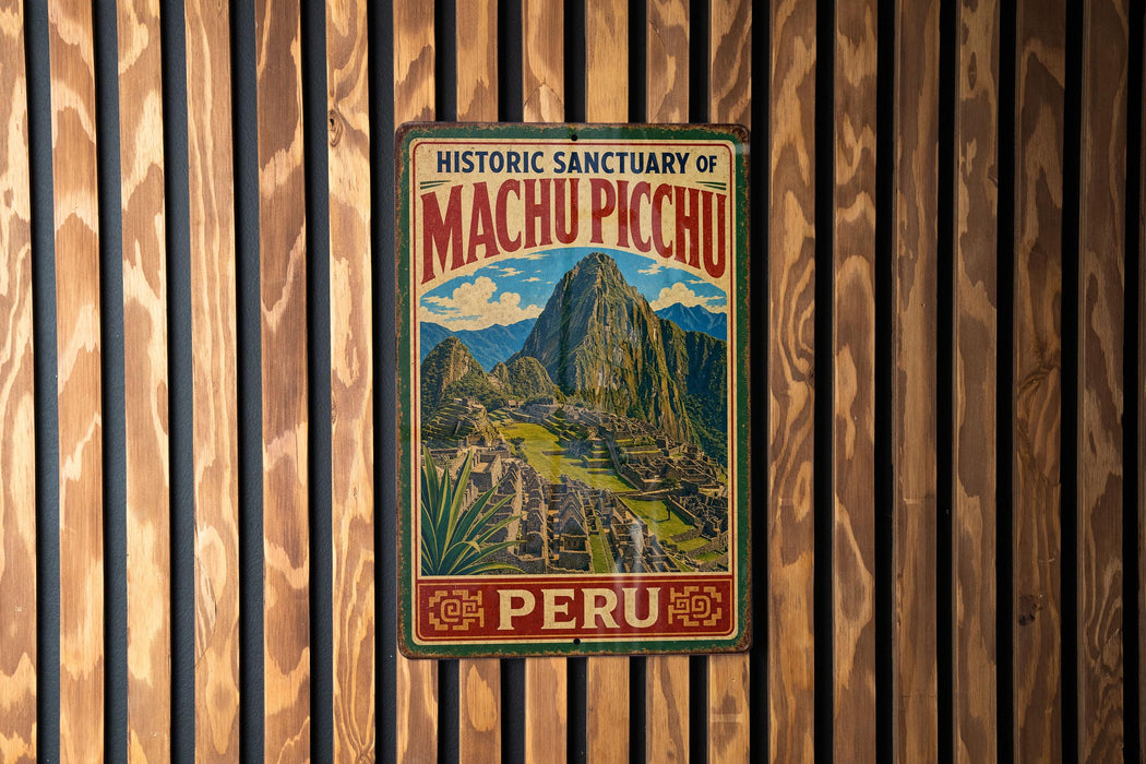 A vintage-style metal sign with the text "HISTORIC SANCTUARY OF MACHU PICCHU PERU" and an illustration of Machu Picchu, a famous Incan citadel, is displayed on a wooden wall.