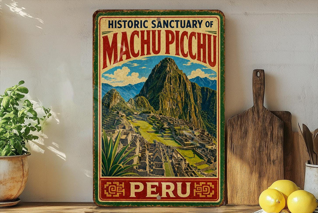 A vintage-style metal sign displaying the historic sanctuary of Machu Picchu, with a mountainous landscape and Inca ruins in the background.