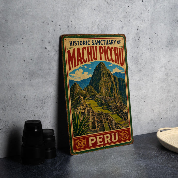 A vintage-style metal sign for the Historic Sanctuary of Machu Picchu, featuring an illustration of the ancient Inca citadel and the surrounding landscape.