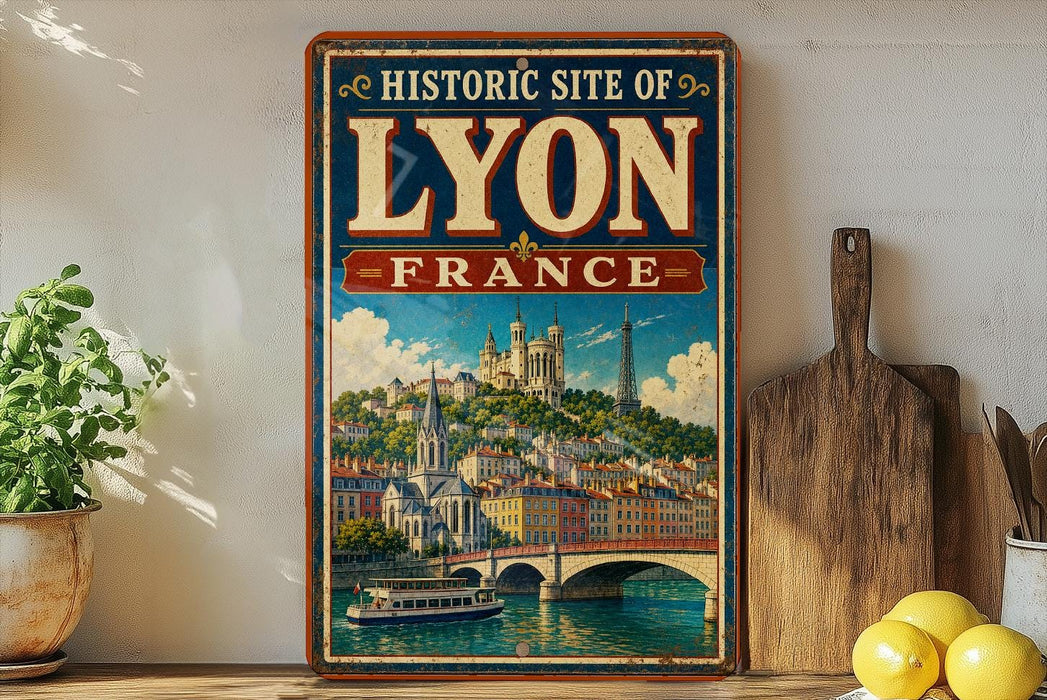A vintage-style metal sign with the text "HISTORIC SITE OF LYON FRANCE" and an illustration of a cityscape with a river and a bridge.