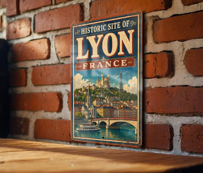 A vintage-style metal sign displaying the text "HISTORIC SITE OF LYON FRANCE" with an illustration of a cityscape and a river.