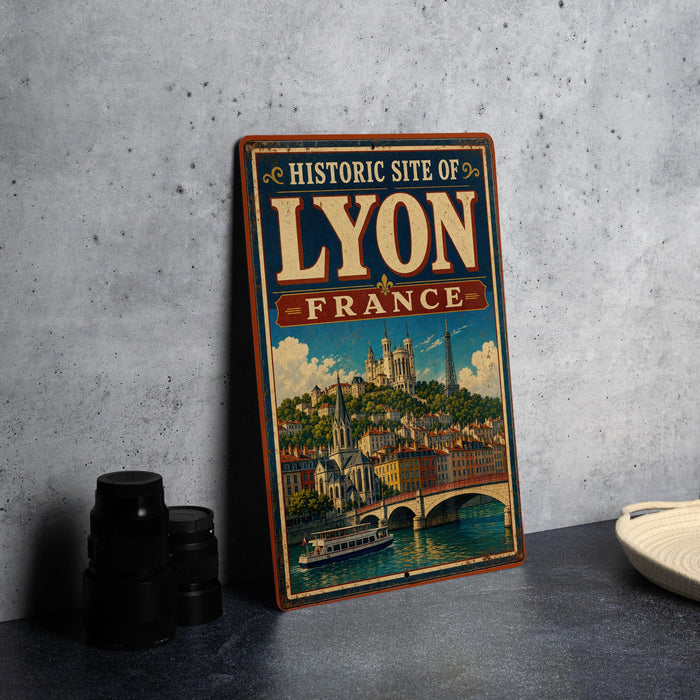 A vintage-style metal sign displaying the text "HISTORIC SITE OF LYON FRANCE" with an illustration of a cityscape and a river.