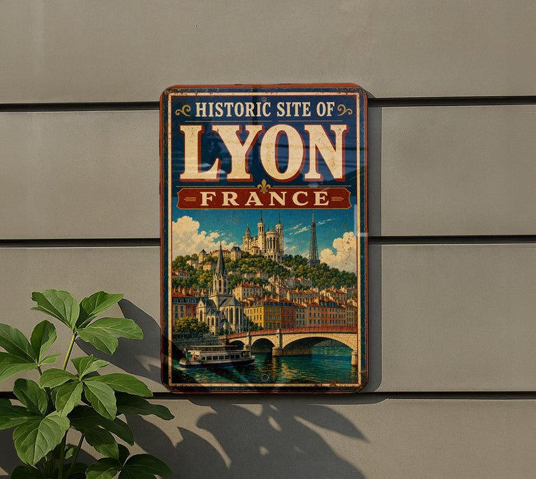 A vintage-style metal sign that reads "HISTORIC SITE OF LYON FRANCE" with an illustration of a cityscape and a bridge.