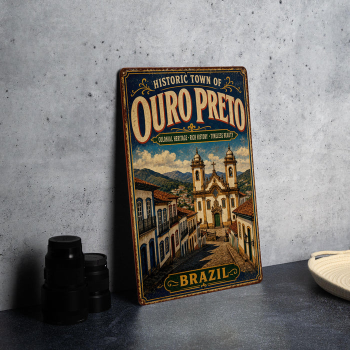 A vintage-style metal sign for the historic town of Ouro Preto, Brazil, featuring an illustration of a church and the text "Historic Town of Ouro Preto" and "Colonial Era, Brazil, timeless beauty".