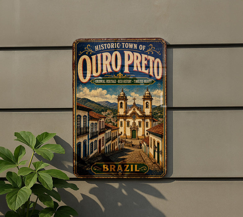 A vintage-style metal sign for the historic town of Ouro Preto, Brazil, featuring an illustration of a historic church and buildings.