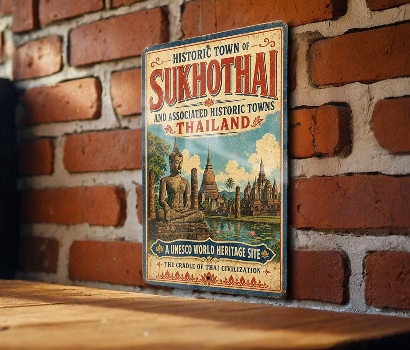 a vintage-style sign for the historic town of Sukhothai, Thailand, with a brick wall in the background.