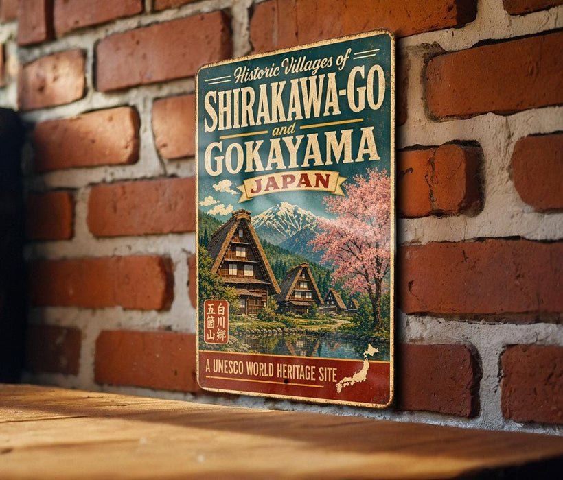 A vintage-style sign for the historic villages of Shirakawa-go andokaya in Japan, featuring a scenic image of traditional Japanese houses and a mountain backdrop.