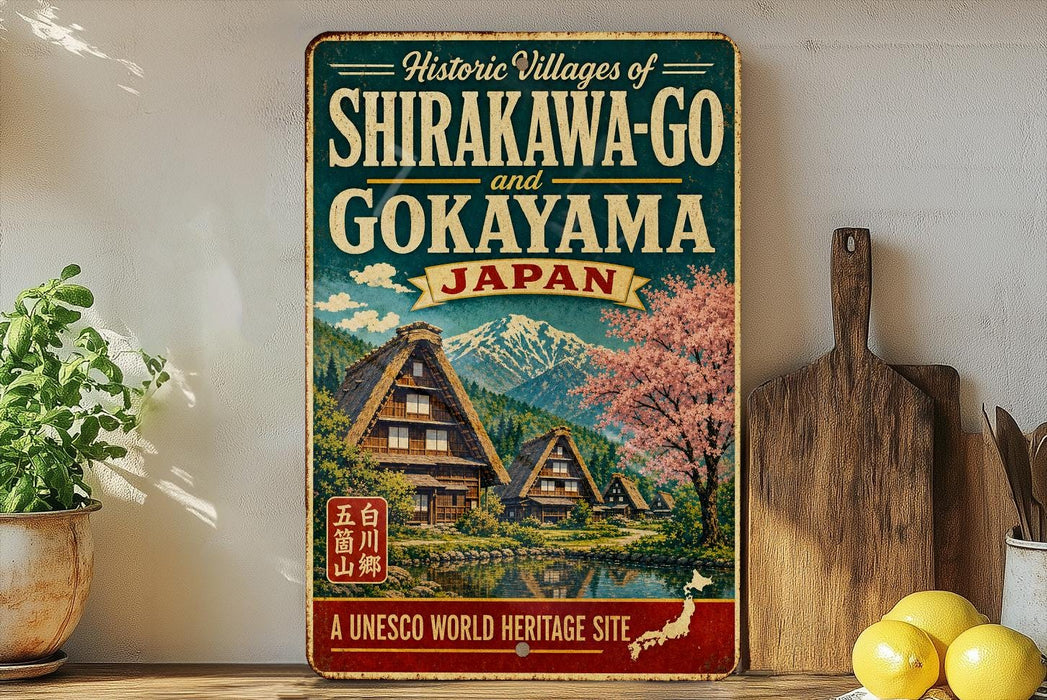 a vintage-style sign advertising the historic villages of Shirakawa-Go and Kokayama, Japan, with a scenic illustration of traditional Japanese houses and a mountain backdrop.