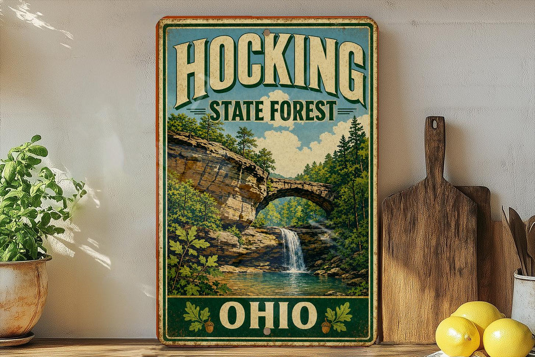 A vintage-style metal sign for Hocking State Forest in Ohio, featuring a scenic landscape with a waterfall and trees.