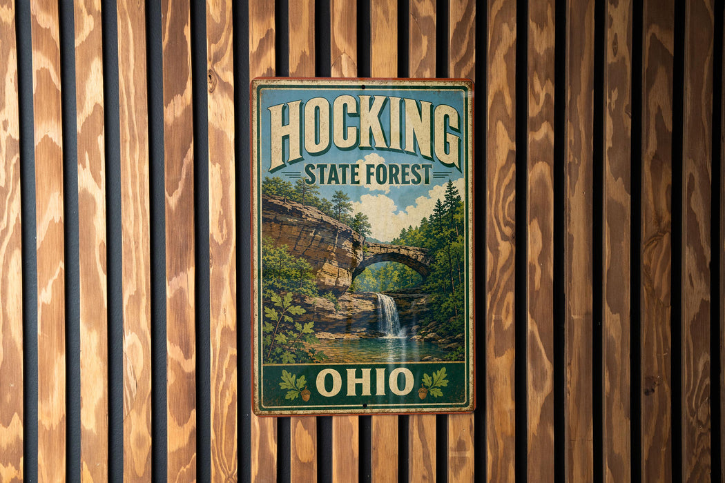 A vintage-style metal sign for Hocking State Forest in Ohio, featuring a scenic image of a waterfall and a bridge.