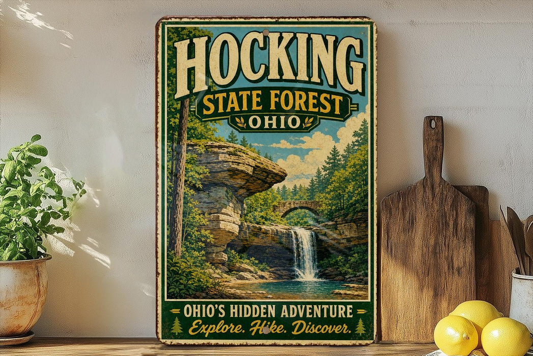 A vintage-style metal sign for Hocking State Forest in Ohio, featuring a scenic image of a waterfall surrounded by lush greenery.