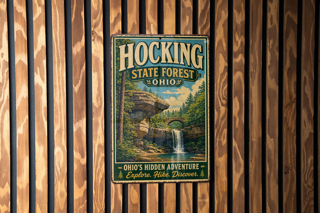 A vintage-style metal sign for Hocking State Forest in Ohio, featuring a scenic image of a waterfall and forest.