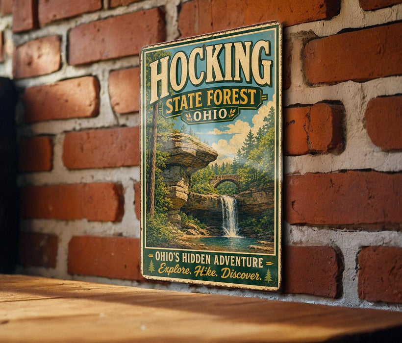 A vintage-style metal sign for Hocking State Forest in Ohio, featuring a scenic image of a waterfall and forest.