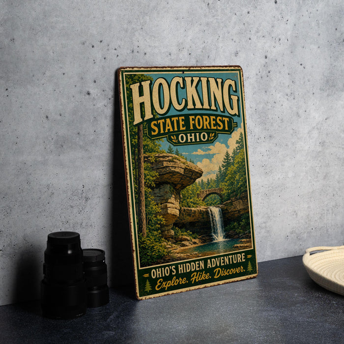 A vintage-style sign for Hocking State Forest, Ohio, featuring a scenic image of a waterfall and forest.