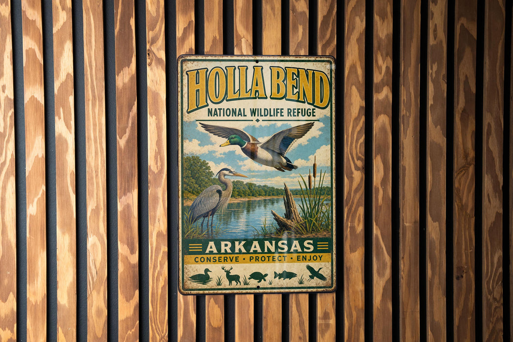 A vintage metal sign for the Hollabend National Wildlife Refuge in Arkansas, featuring a bird illustration and text promoting conservation and protection.