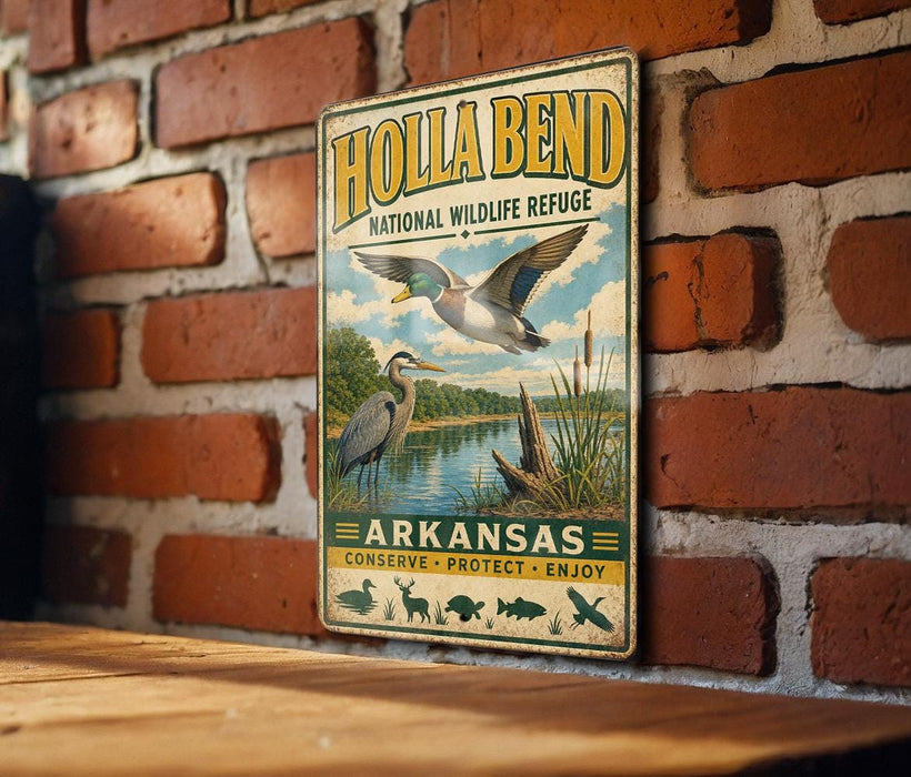 A vintage metal sign for Holla Bend National Wildlife Refuge in Arkansas, featuring an illustration of ducks and other wildlife in a natural setting.
