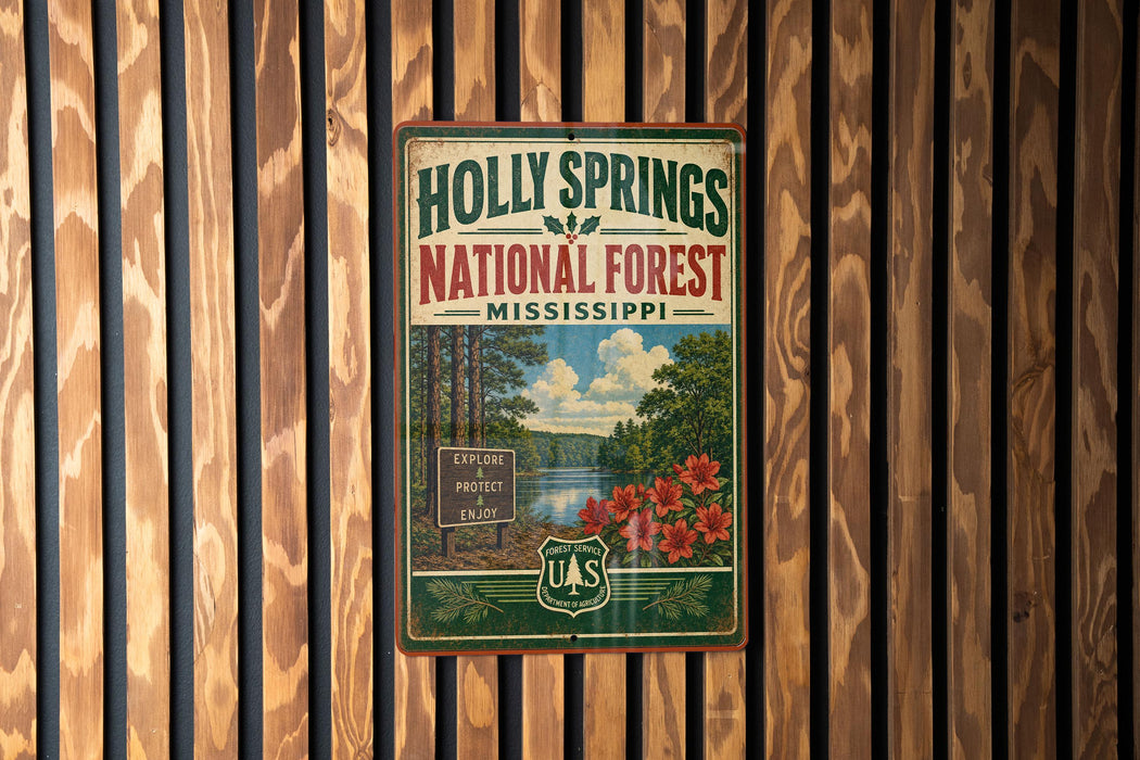 A vintage-style metal sign for Holly Springs National Forest in Mississippi, featuring a scenic image of the forest and a river.