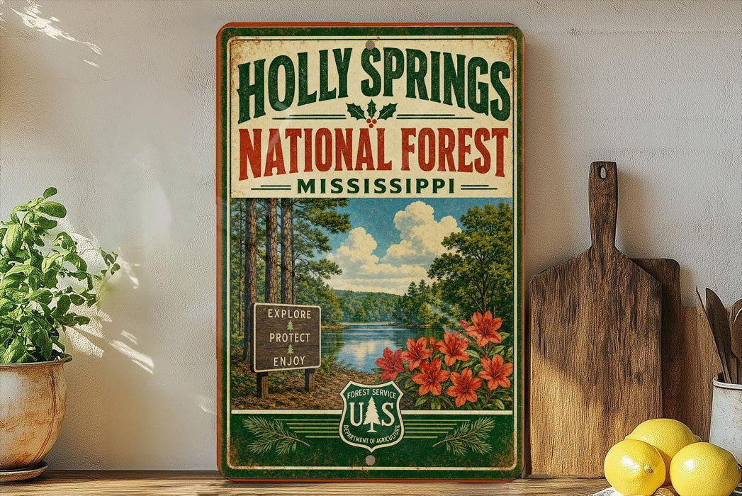 A vintage-style sign for the Holly Springs National Forest in Mississippi, featuring a scenic illustration of a forest and a river.