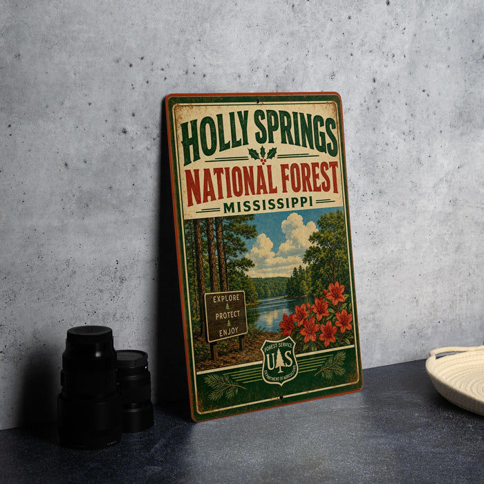 A vintage-style metal sign for the Holly Springs National Forest in Mississippi, featuring a scenic landscape with a lake, trees, and flowers.